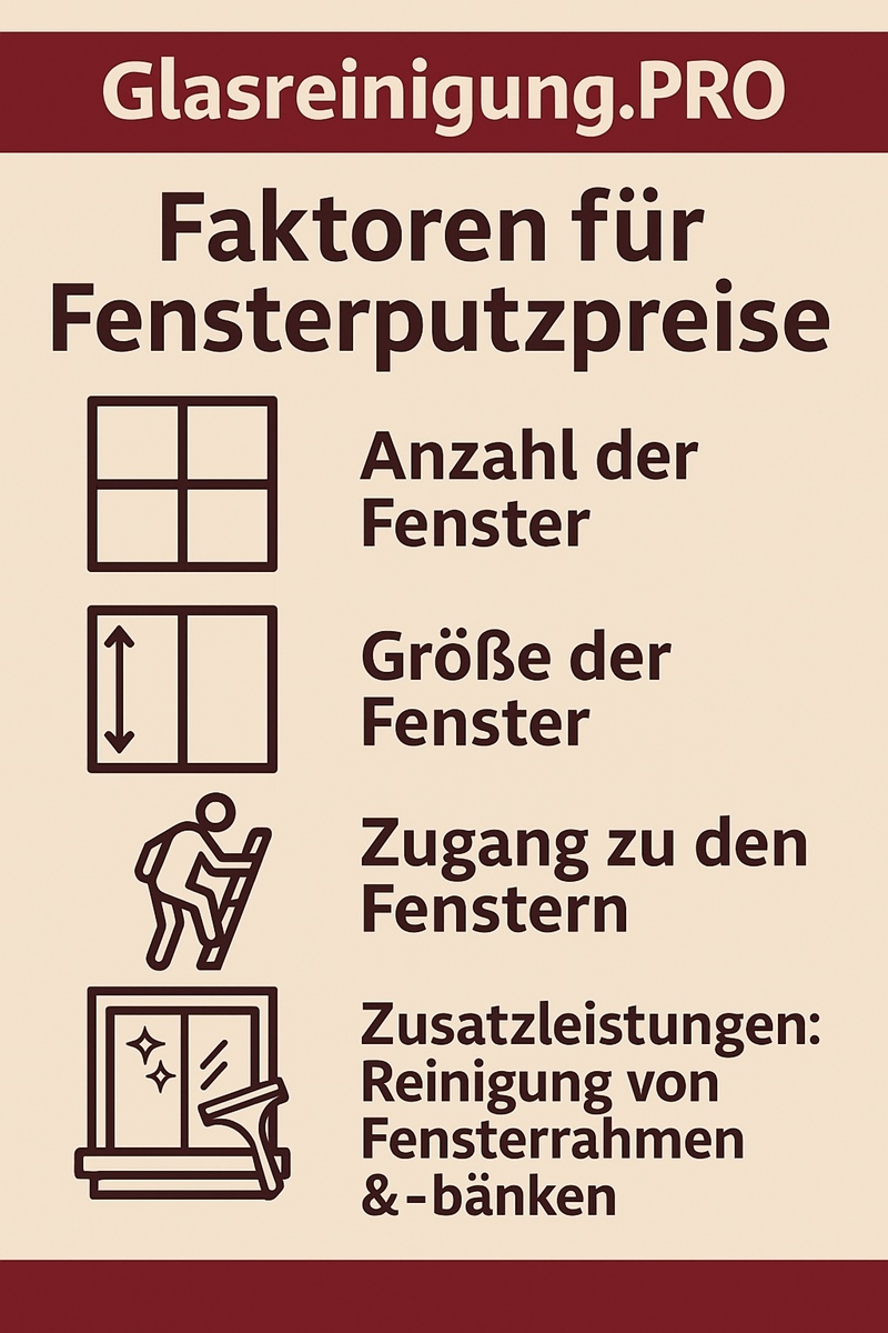 Infografik: Wovon die Fensterputzpreise abhängen – Anzahl & Größe der Fenster, Zugänglichkeit, Zusatzleistungen