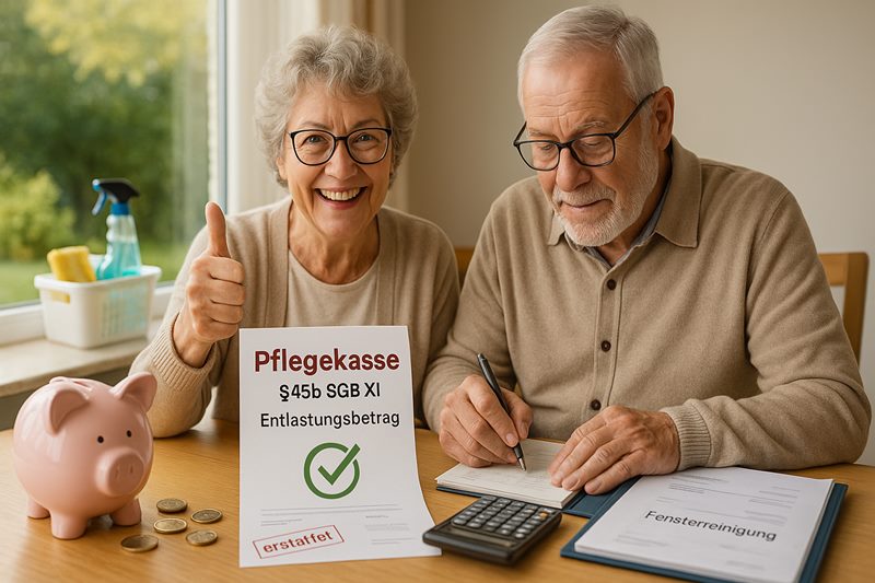 Seniorenpaar prüft den Entlastungsbetrag der Pflegekasse (§45b SGB XI) und spart Kosten bei der Fensterreinigung – Dokumente, Sparschwein und Rechner auf dem Tisch.